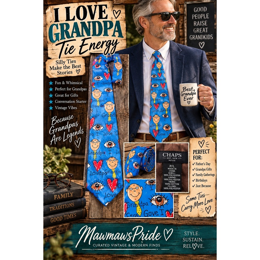 RM Style Mens Silk Necktie I Love Grandpa Novelty Blue Hearts Eyes Whimsical Tie